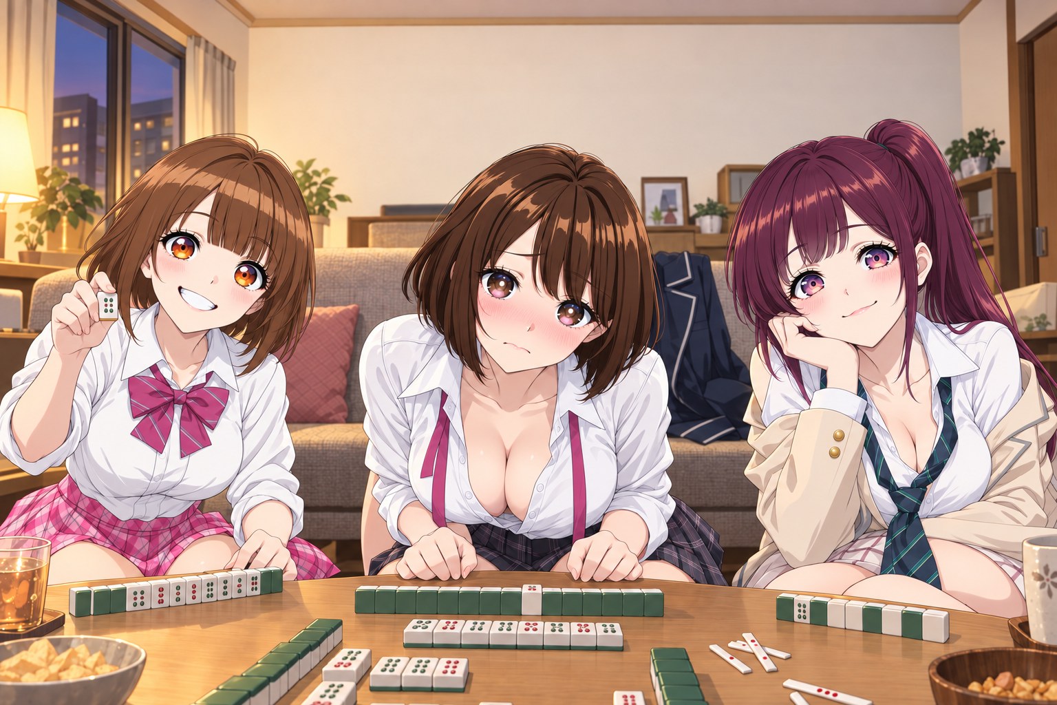 脱衣麻雀の卓を囲む三人