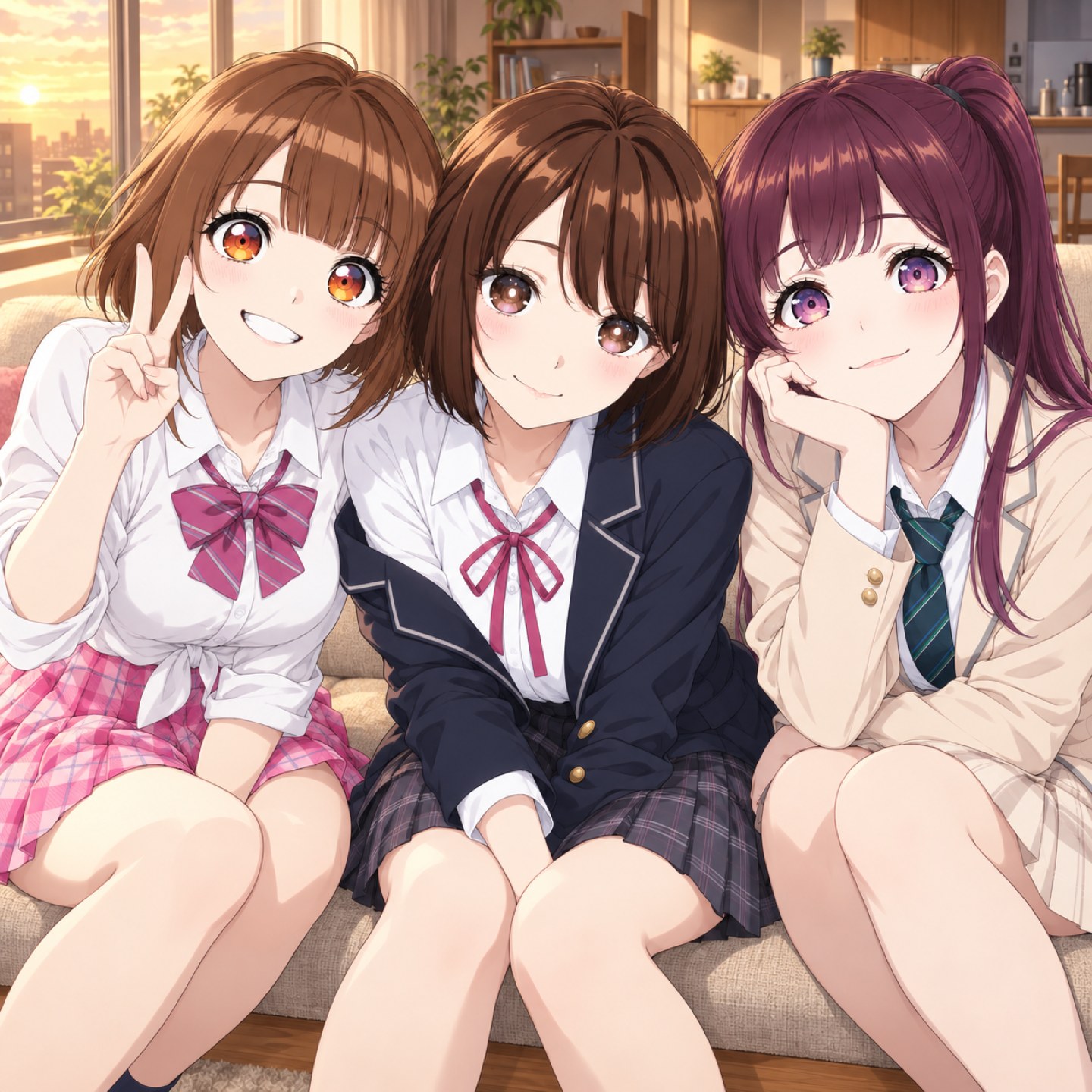 ソファに並ぶ三人